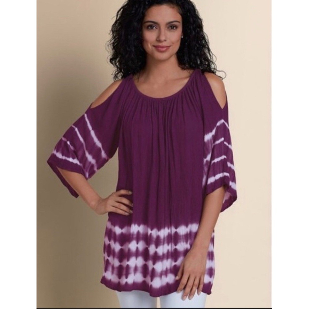 Soft Surroundings Shirt Womens Sz Large Purple Tie Dye Cold Shoulder Flowy Tunic